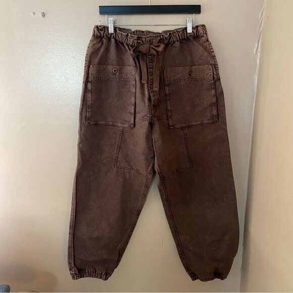 NWT Free People River Stone pants cargo baggy loose fit cotton brown Sz M - Picture 10 of 11